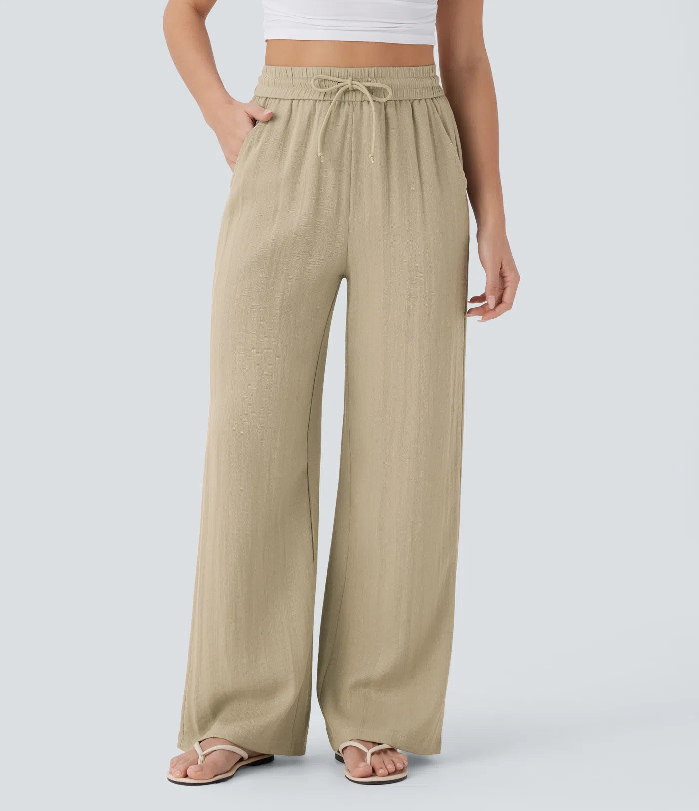 Pantalones Casuales de Cintura Alta con Cordón y Bolsillos, Estilo Lino, Pierna Ancha