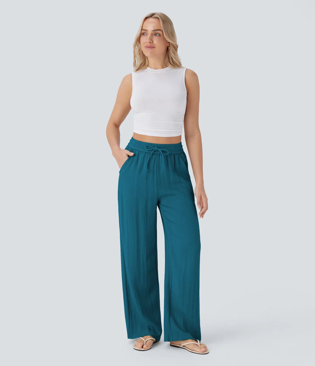 Pantalones Casuales de Cintura Alta con Cordón y Bolsillos, Estilo Lino, Pierna Ancha