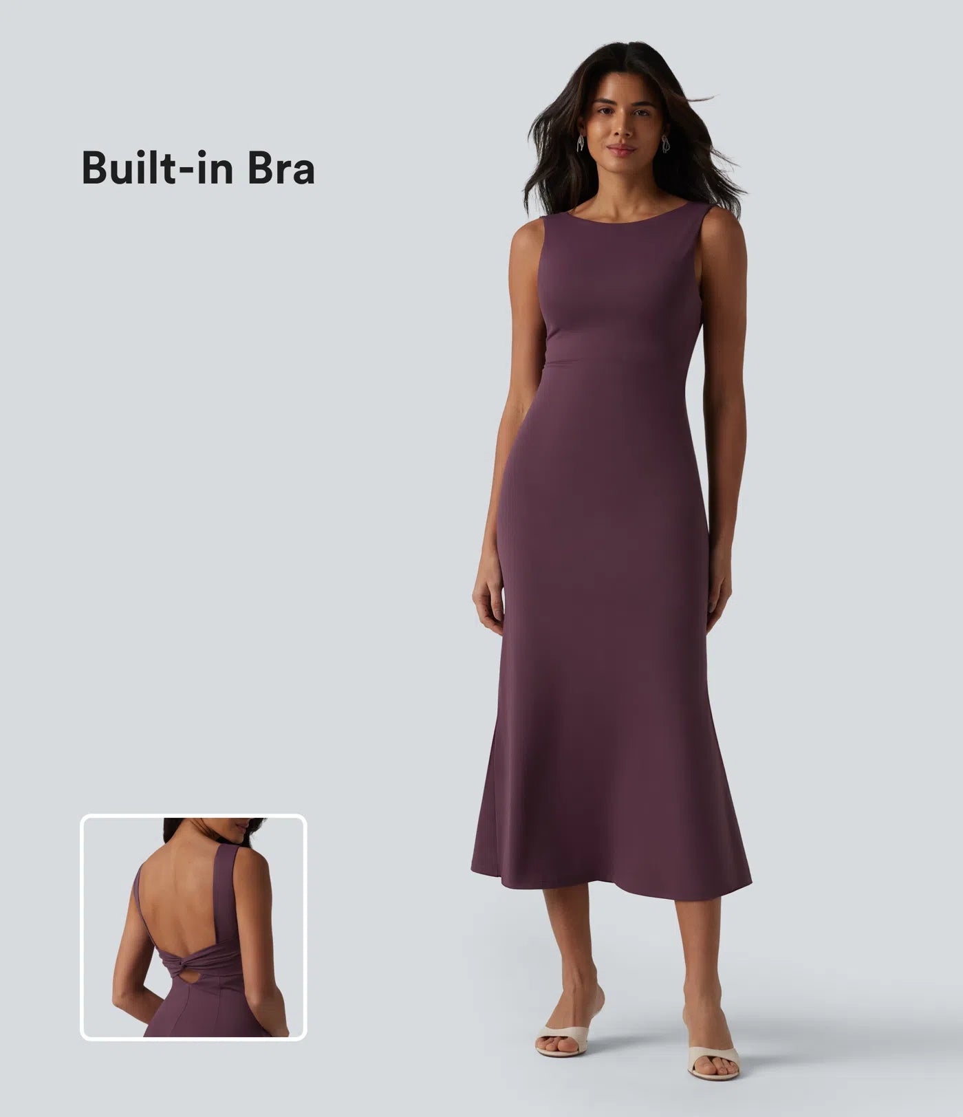 Vestido midi sin mangas con escote barco y sujetador incorporado