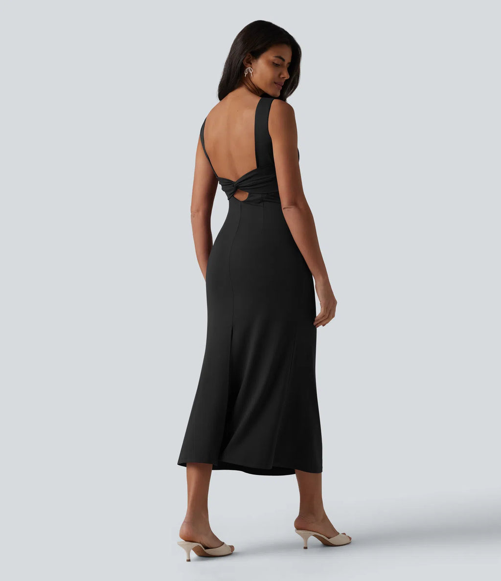 Vestido midi sin mangas con escote barco y sujetador incorporado