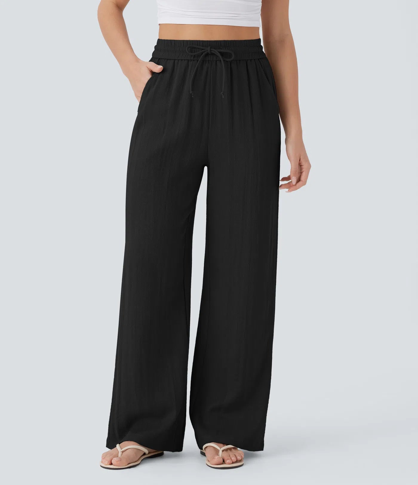 Pantalones Casuales de Cintura Alta con Cordón y Bolsillos, Estilo Lino, Pierna Ancha