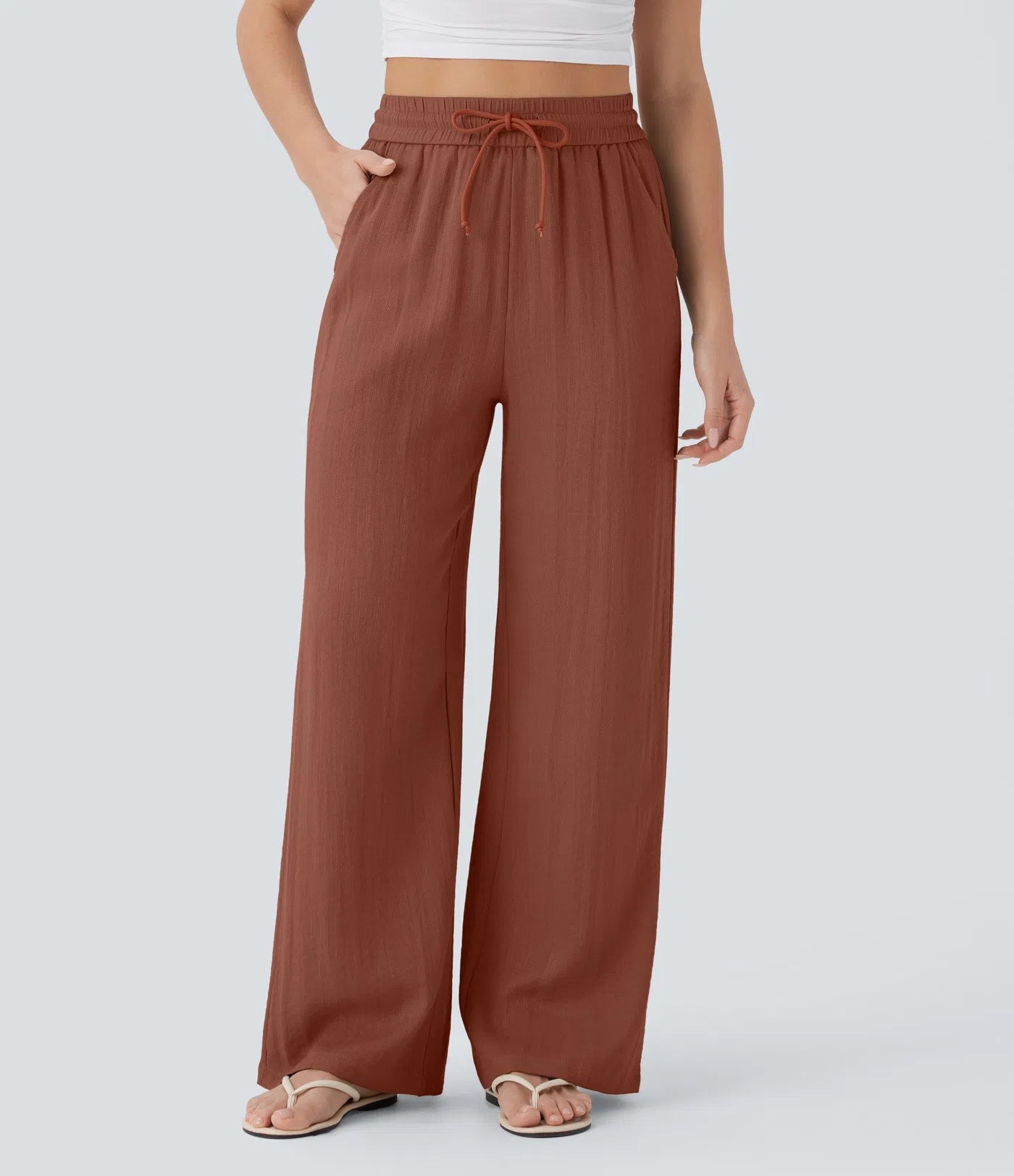 Pantalones Casuales de Cintura Alta con Cordón y Bolsillos, Estilo Lino, Pierna Ancha