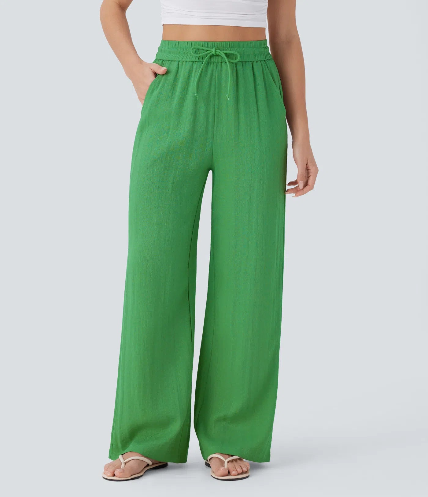 Pantalones Casuales de Cintura Alta con Cordón y Bolsillos, Estilo Lino, Pierna Ancha