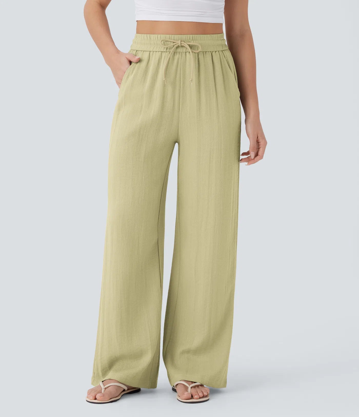 Pantalones Casuales de Cintura Alta con Cordón y Bolsillos, Estilo Lino, Pierna Ancha
