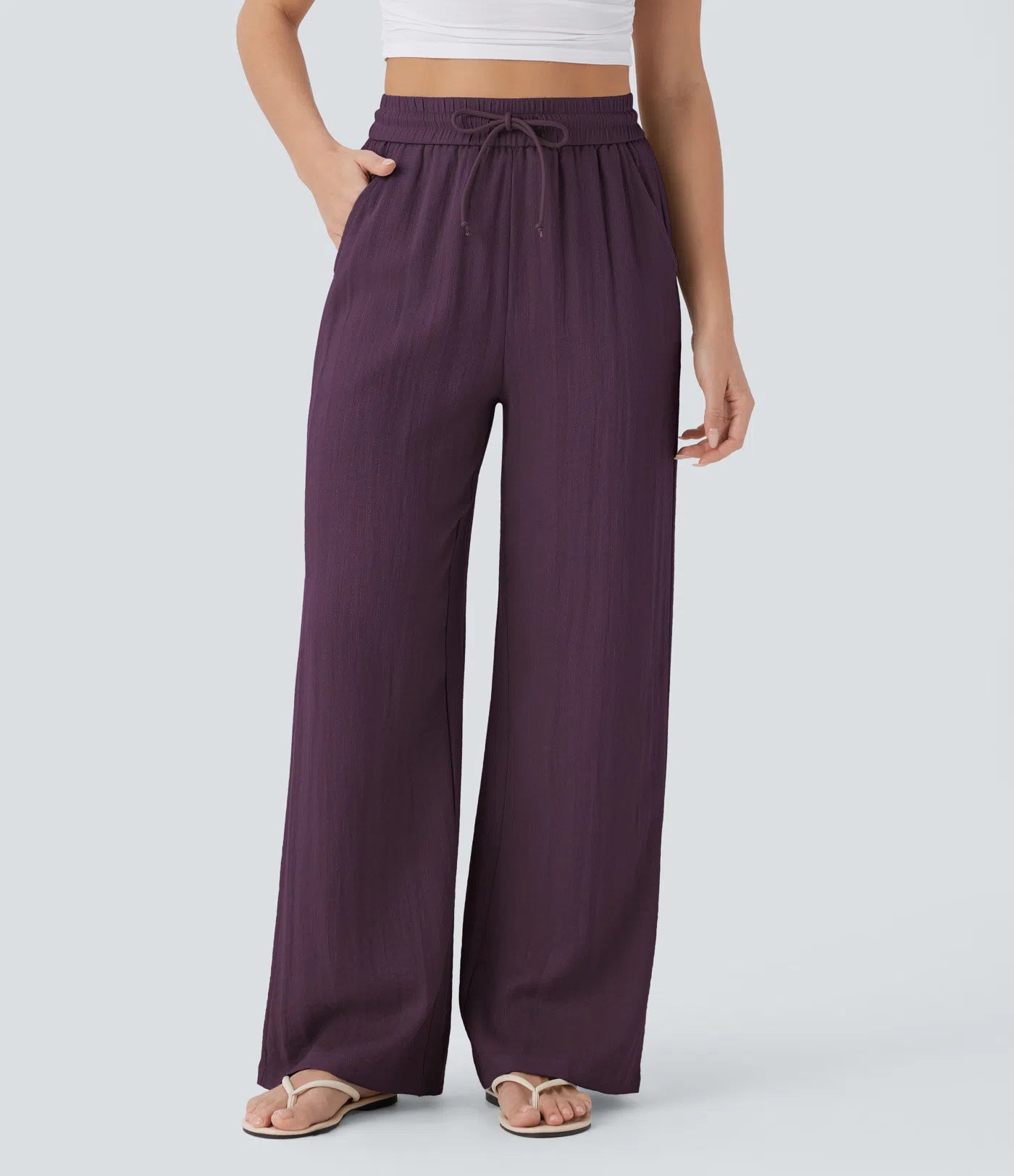 Pantalones Casuales de Cintura Alta con Cordón y Bolsillos, Estilo Lino, Pierna Ancha