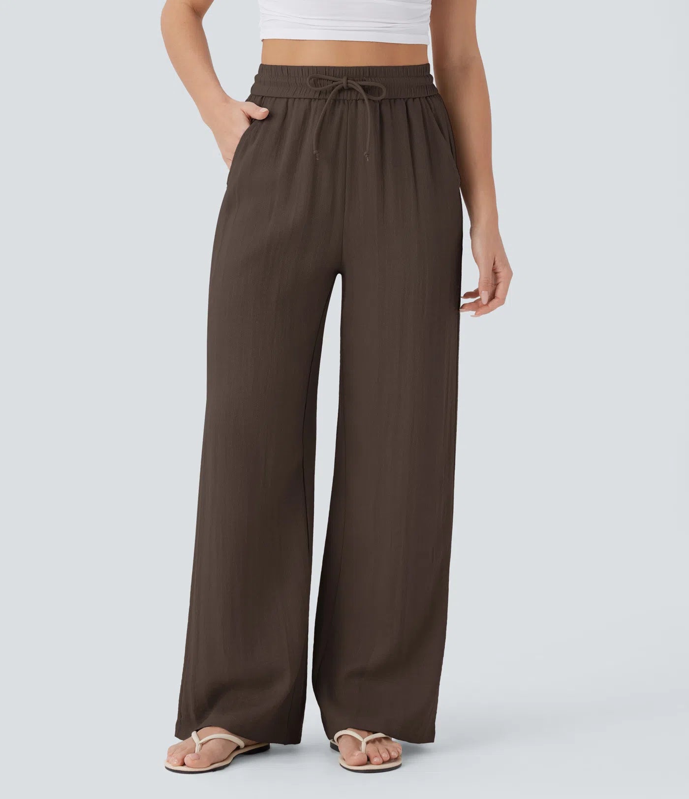 Pantalones Casuales de Cintura Alta con Cordón y Bolsillos, Estilo Lino, Pierna Ancha