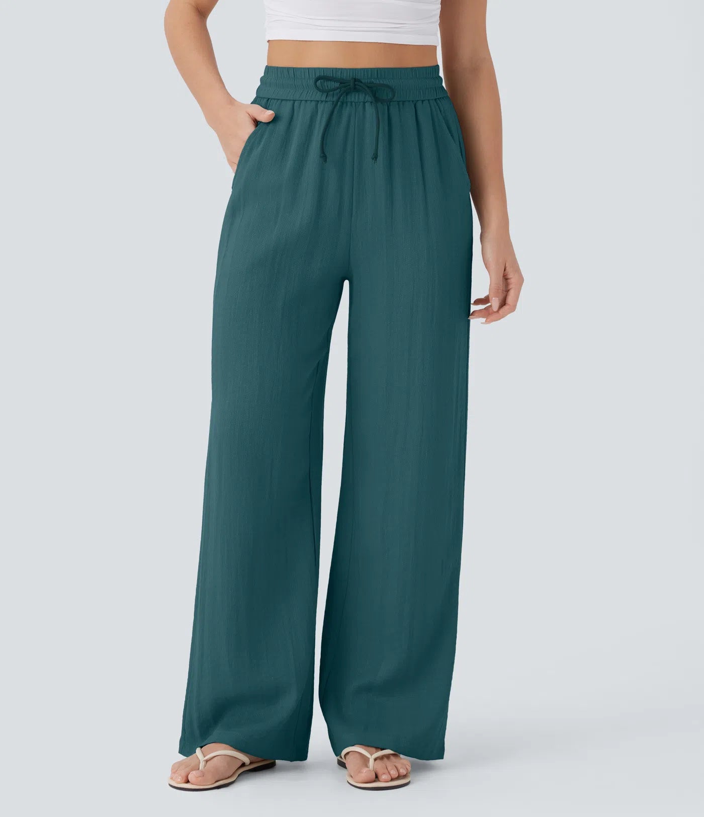Pantalones Casuales de Cintura Alta con Cordón y Bolsillos, Estilo Lino, Pierna Ancha