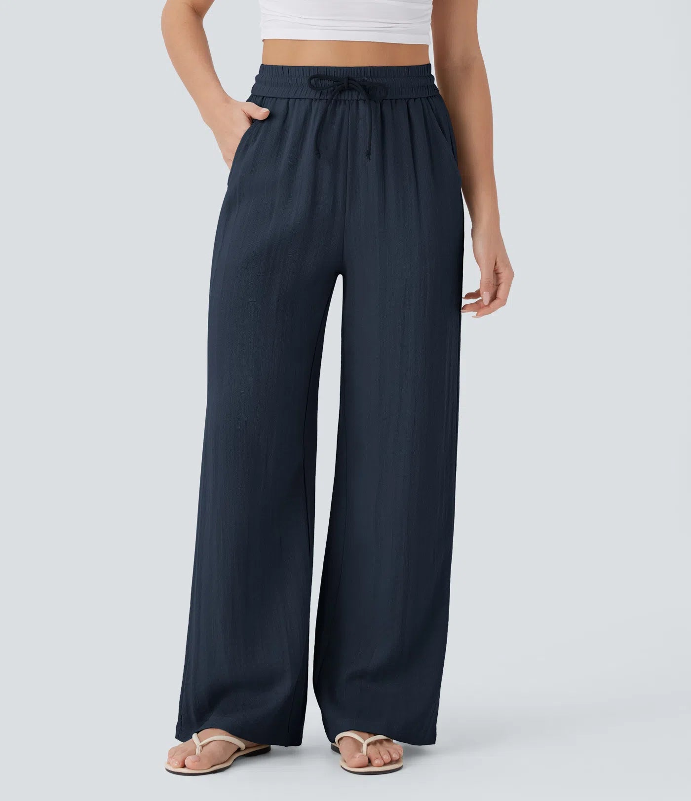 Pantalones Casuales de Cintura Alta con Cordón y Bolsillos, Estilo Lino, Pierna Ancha