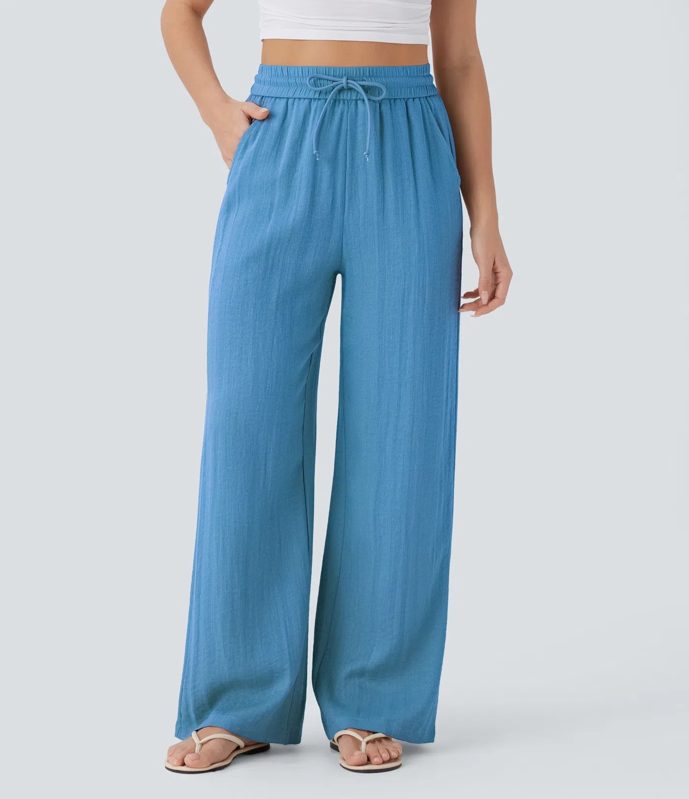 Pantalones Casuales de Cintura Alta con Cordón y Bolsillos, Estilo Lino, Pierna Ancha