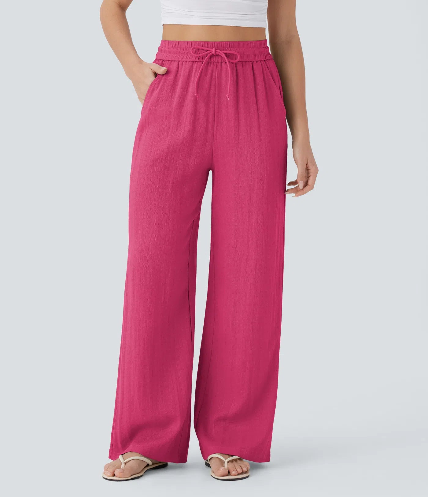 Pantalones Casuales de Cintura Alta con Cordón y Bolsillos, Estilo Lino, Pierna Ancha