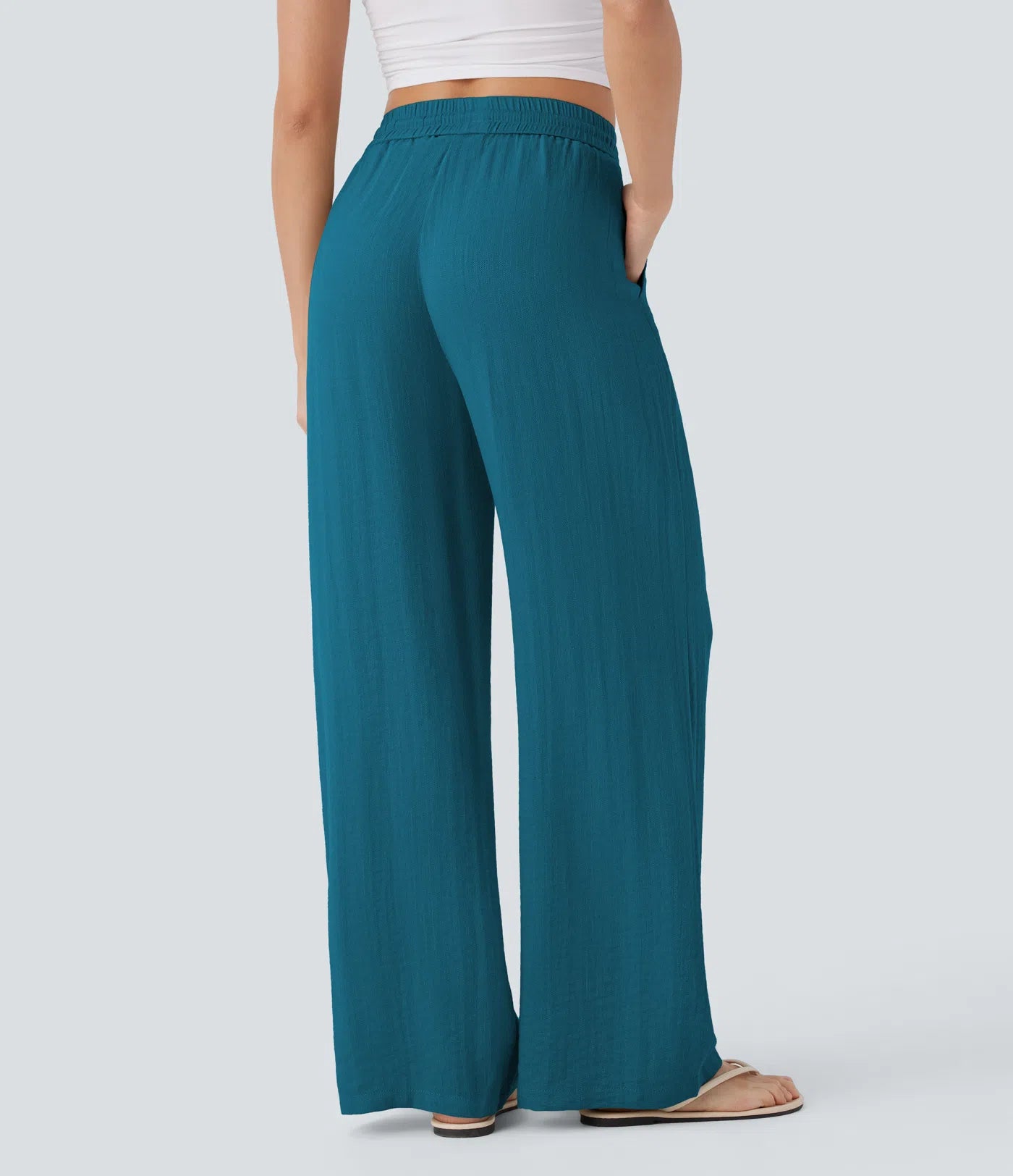 Pantalones Casuales de Cintura Alta con Cordón y Bolsillos, Estilo Lino, Pierna Ancha