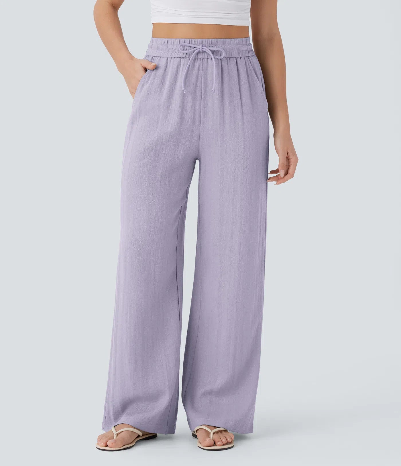 Pantalones Casuales de Cintura Alta con Cordón y Bolsillos, Estilo Lino, Pierna Ancha