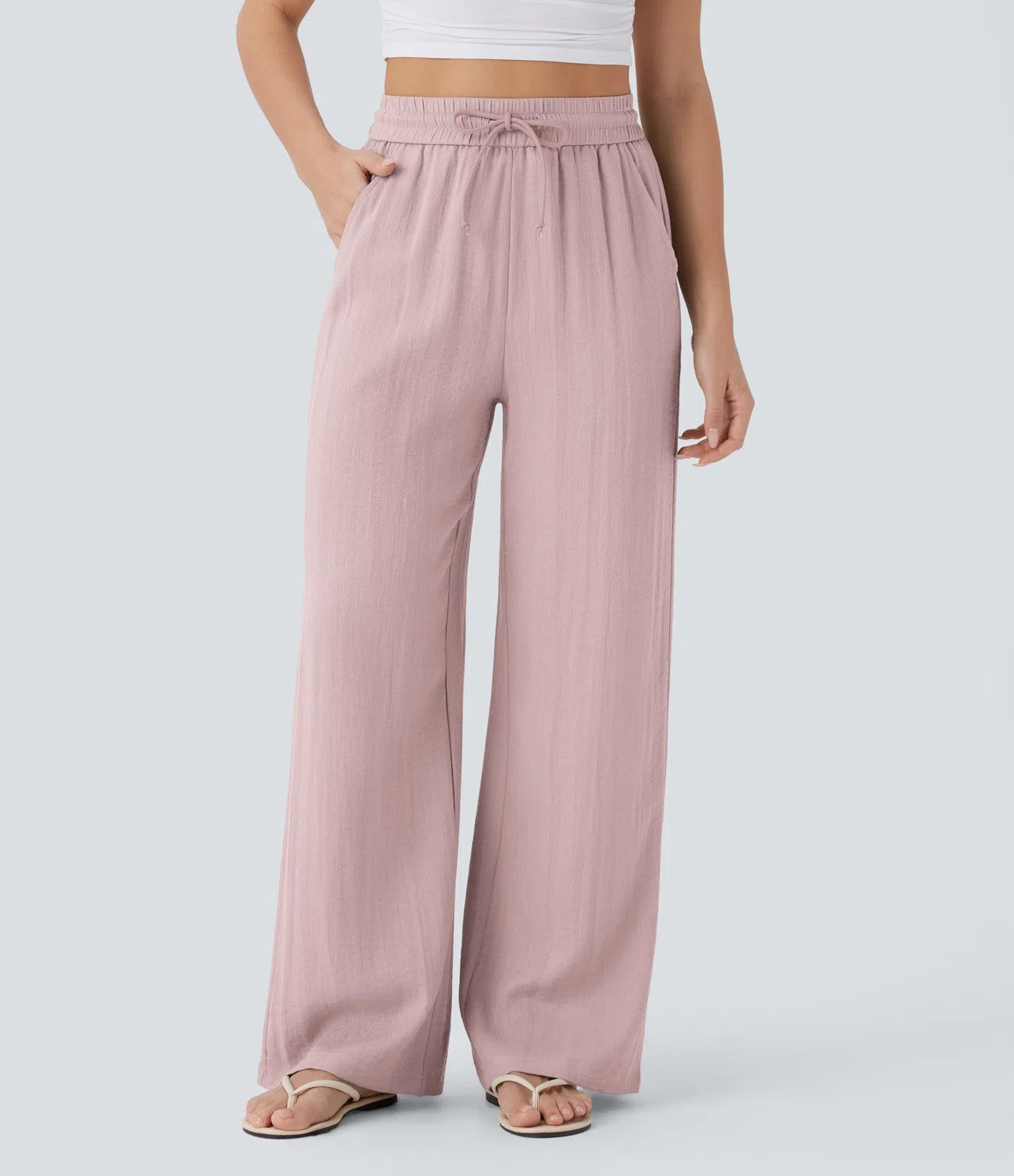 Pantalones Casuales de Cintura Alta con Cordón y Bolsillos, Estilo Lino, Pierna Ancha