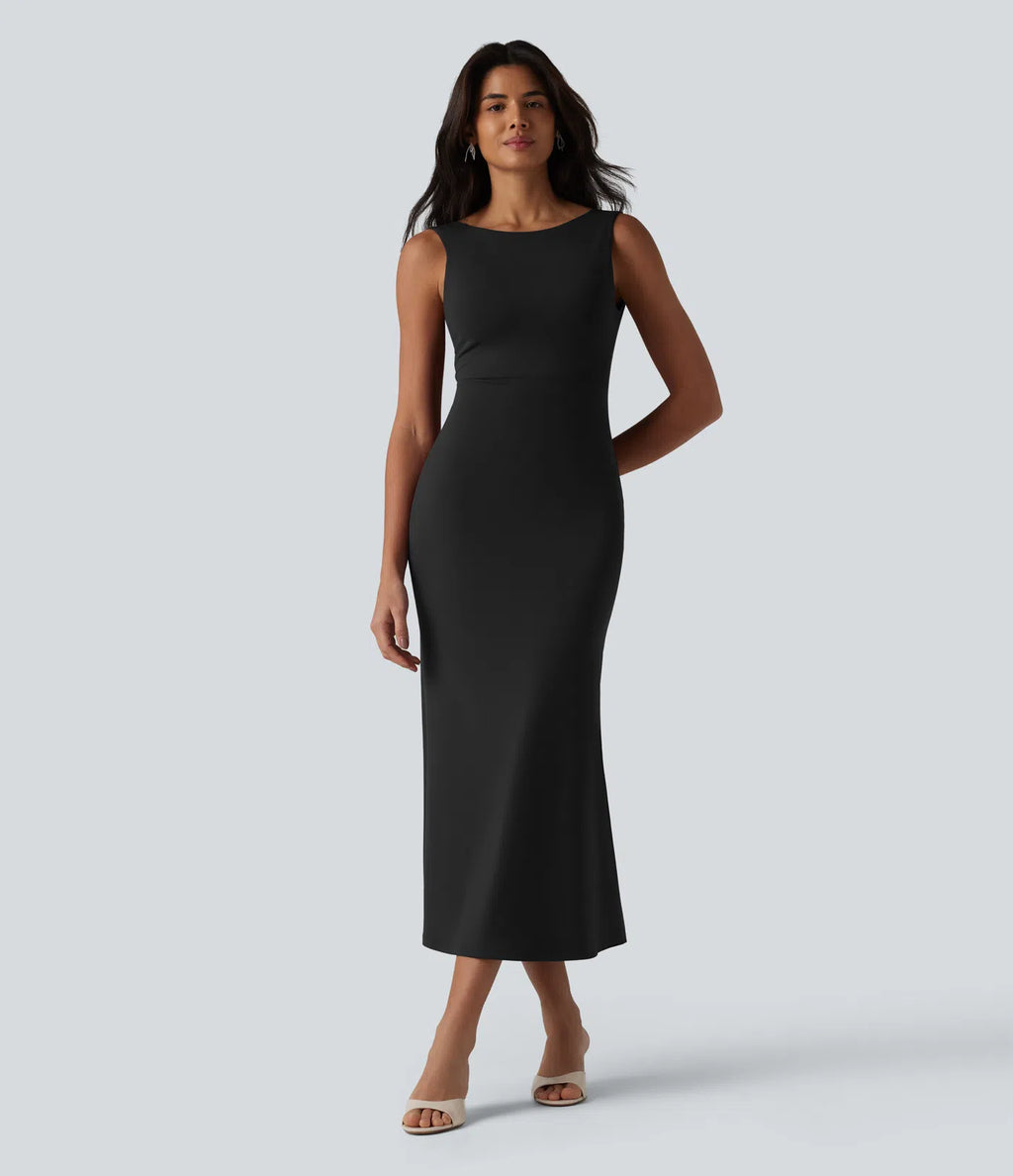 Vestido midi sin mangas con escote barco y sujetador incorporado