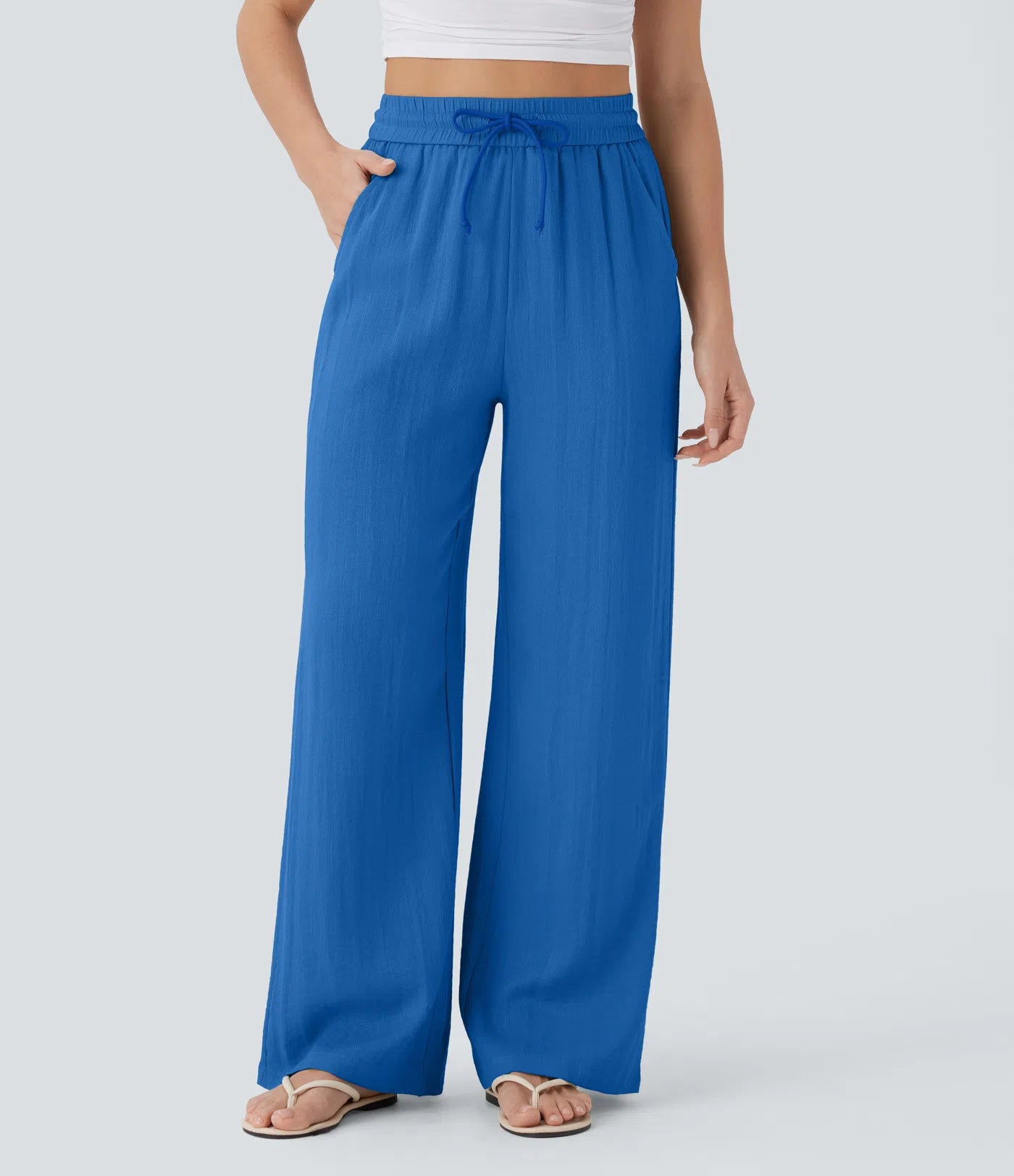 Pantalones Casuales de Cintura Alta con Cordón y Bolsillos, Estilo Lino, Pierna Ancha