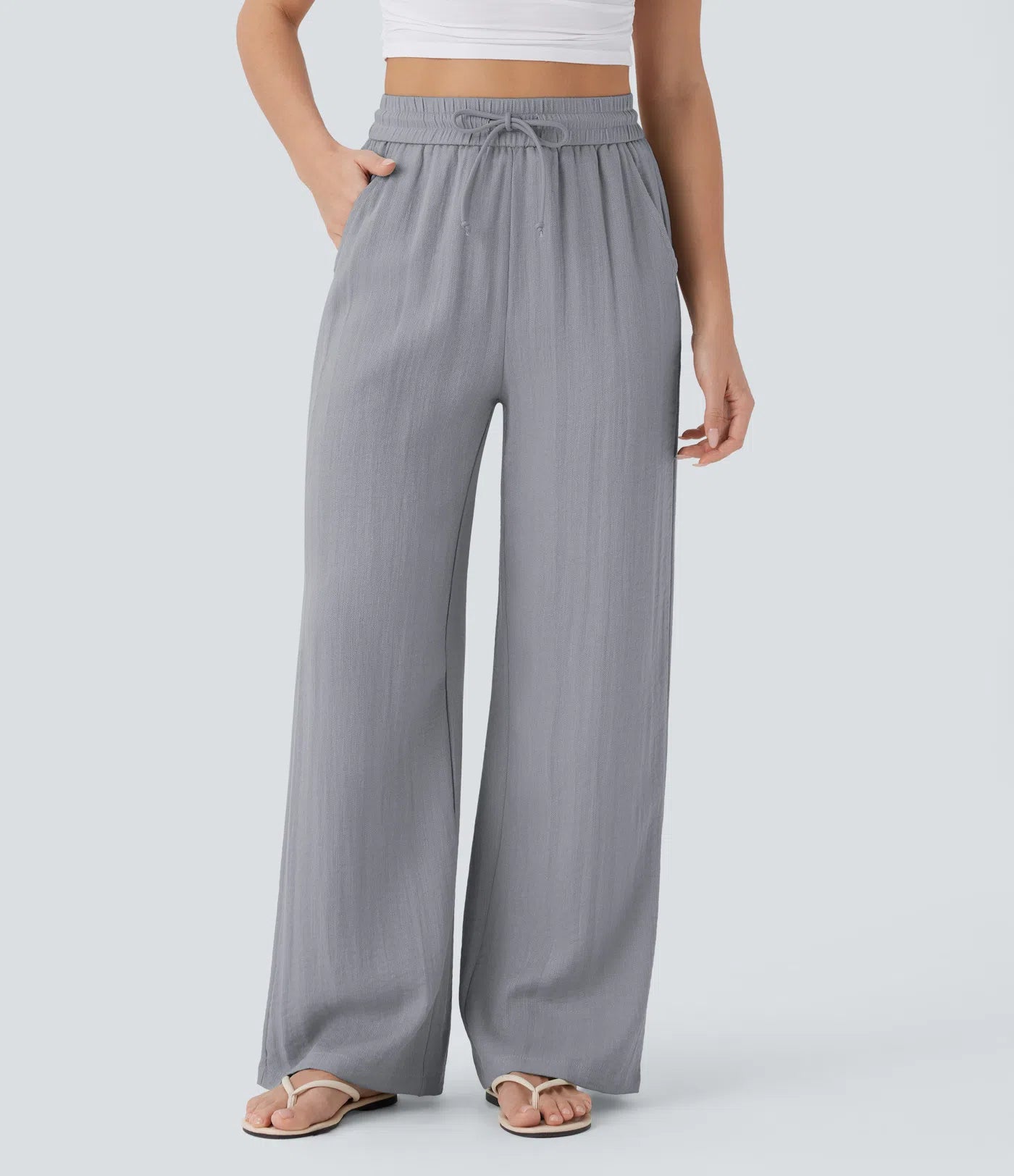 Pantalones Casuales de Cintura Alta con Cordón y Bolsillos, Estilo Lino, Pierna Ancha