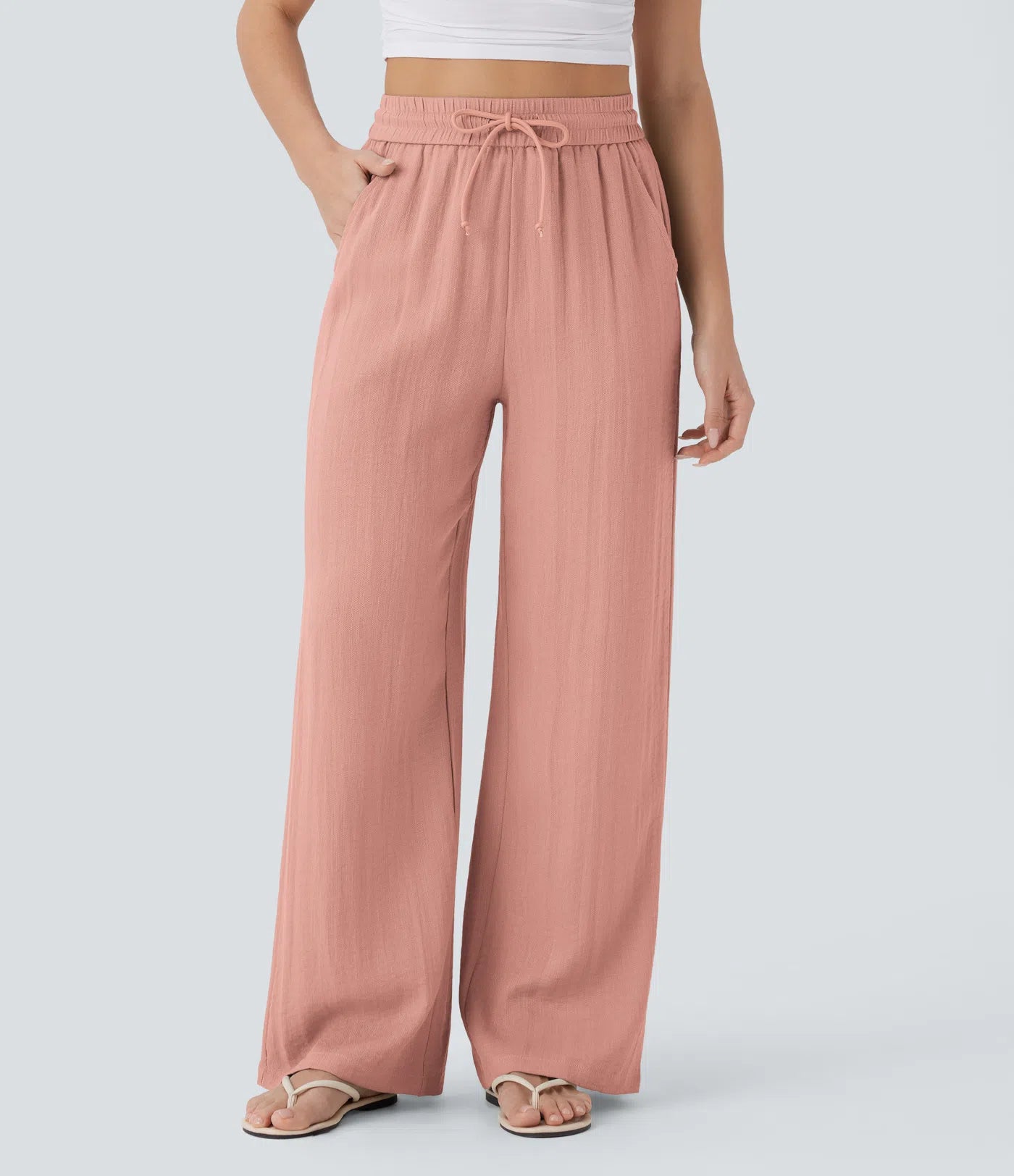 Pantalones Casuales de Cintura Alta con Cordón y Bolsillos, Estilo Lino, Pierna Ancha