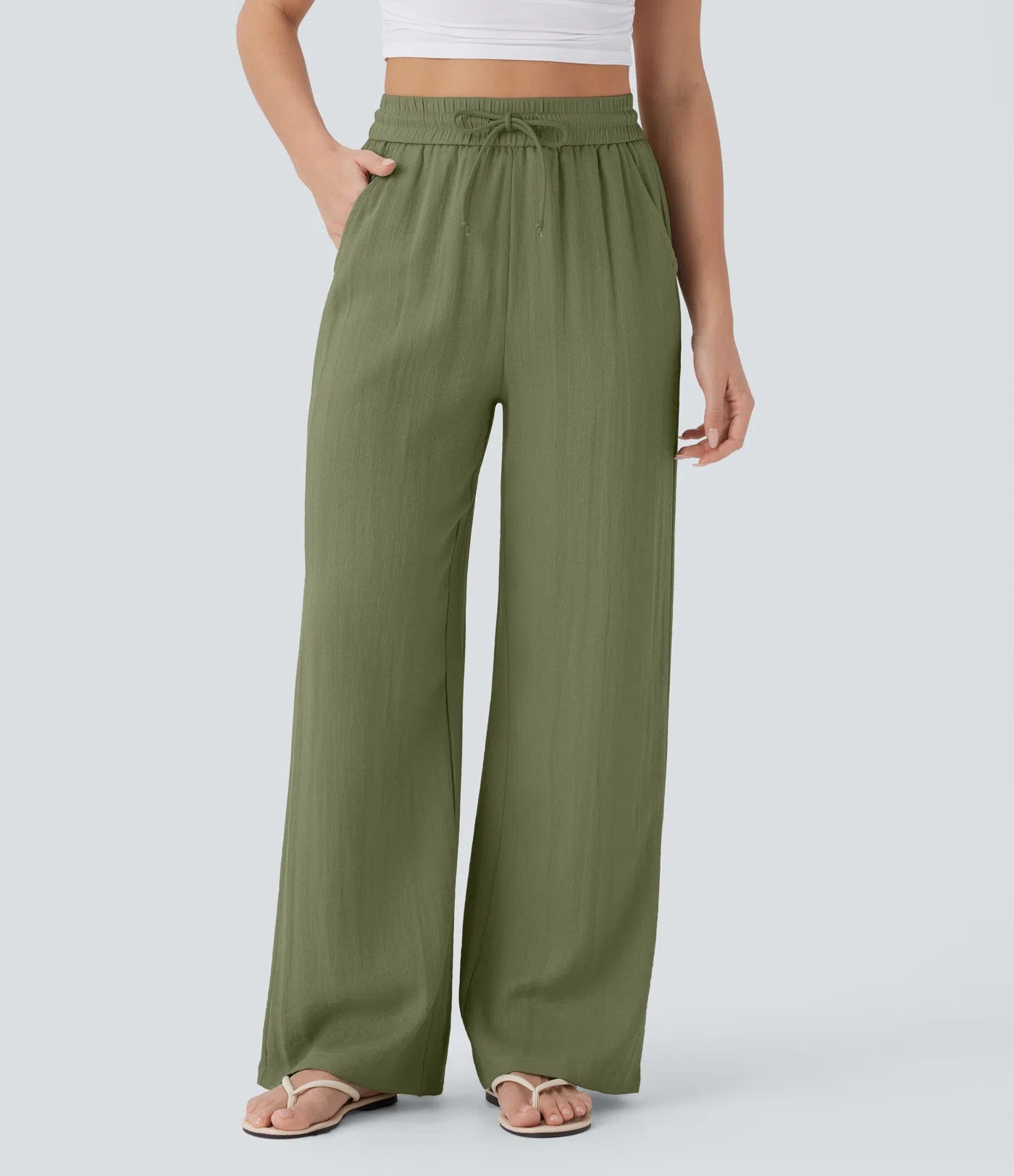 Pantalones Casuales de Cintura Alta con Cordón y Bolsillos, Estilo Lino, Pierna Ancha