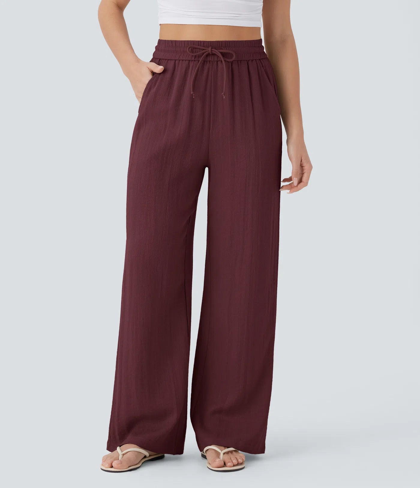 Pantalones Casuales de Cintura Alta con Cordón y Bolsillos, Estilo Lino, Pierna Ancha