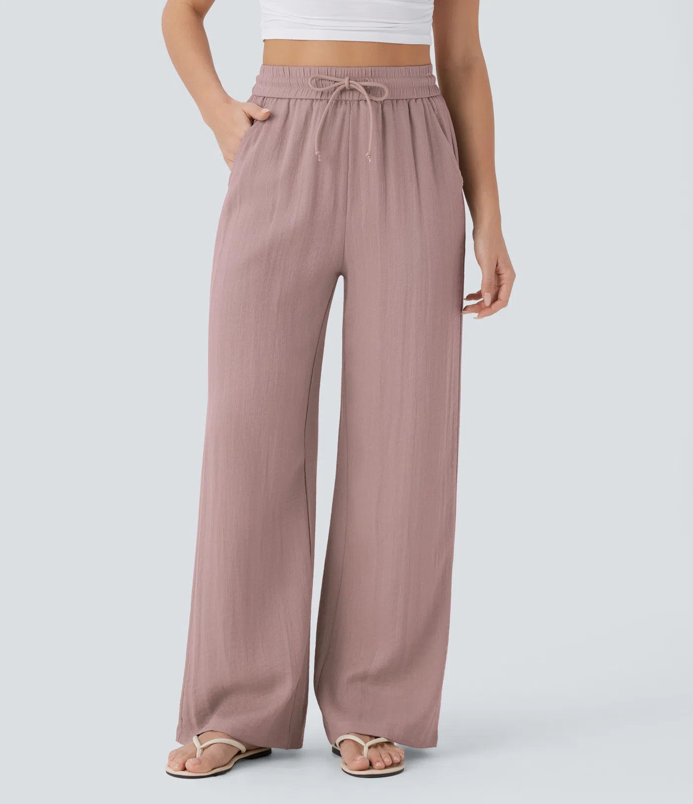 Pantalones Casuales de Cintura Alta con Cordón y Bolsillos, Estilo Lino, Pierna Ancha