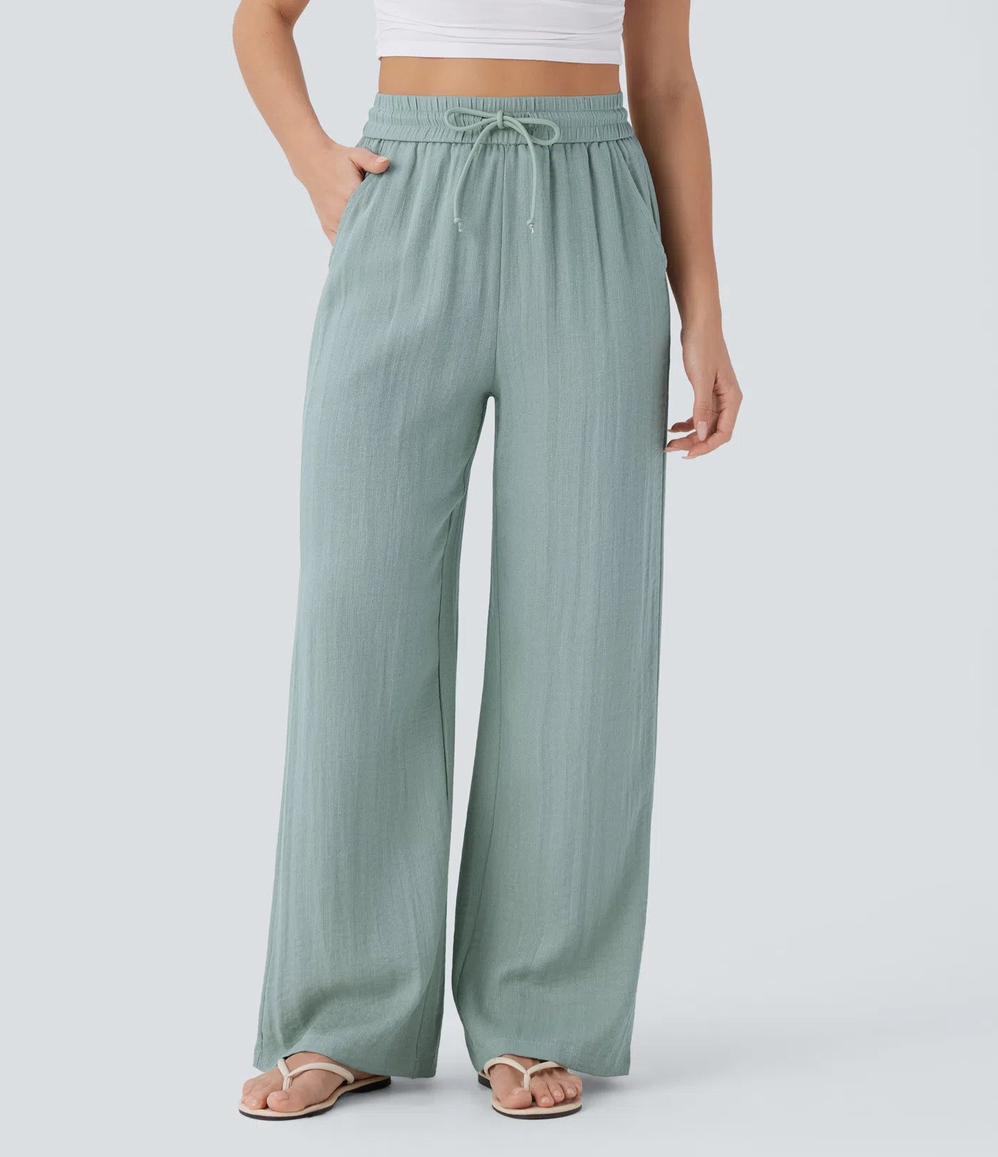 Pantalones Casuales de Cintura Alta con Cordón y Bolsillos, Estilo Lino, Pierna Ancha
