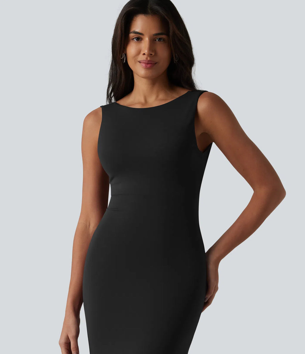 Vestido midi sin mangas con escote barco y sujetador incorporado