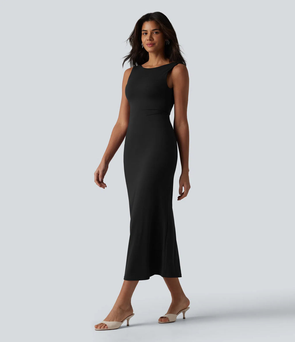 Vestido midi sin mangas con escote barco y sujetador incorporado