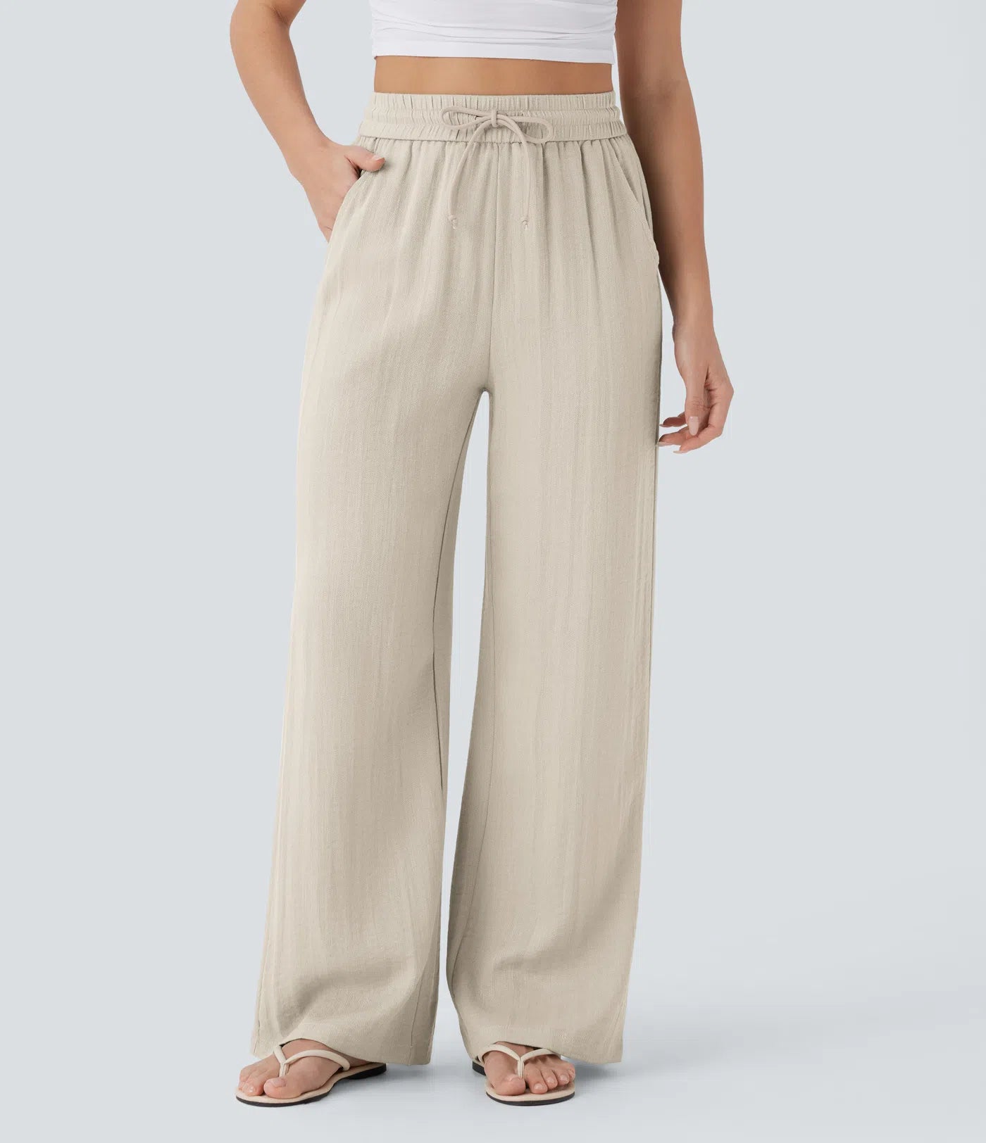 Pantalones Casuales de Cintura Alta con Cordón y Bolsillos, Estilo Lino, Pierna Ancha