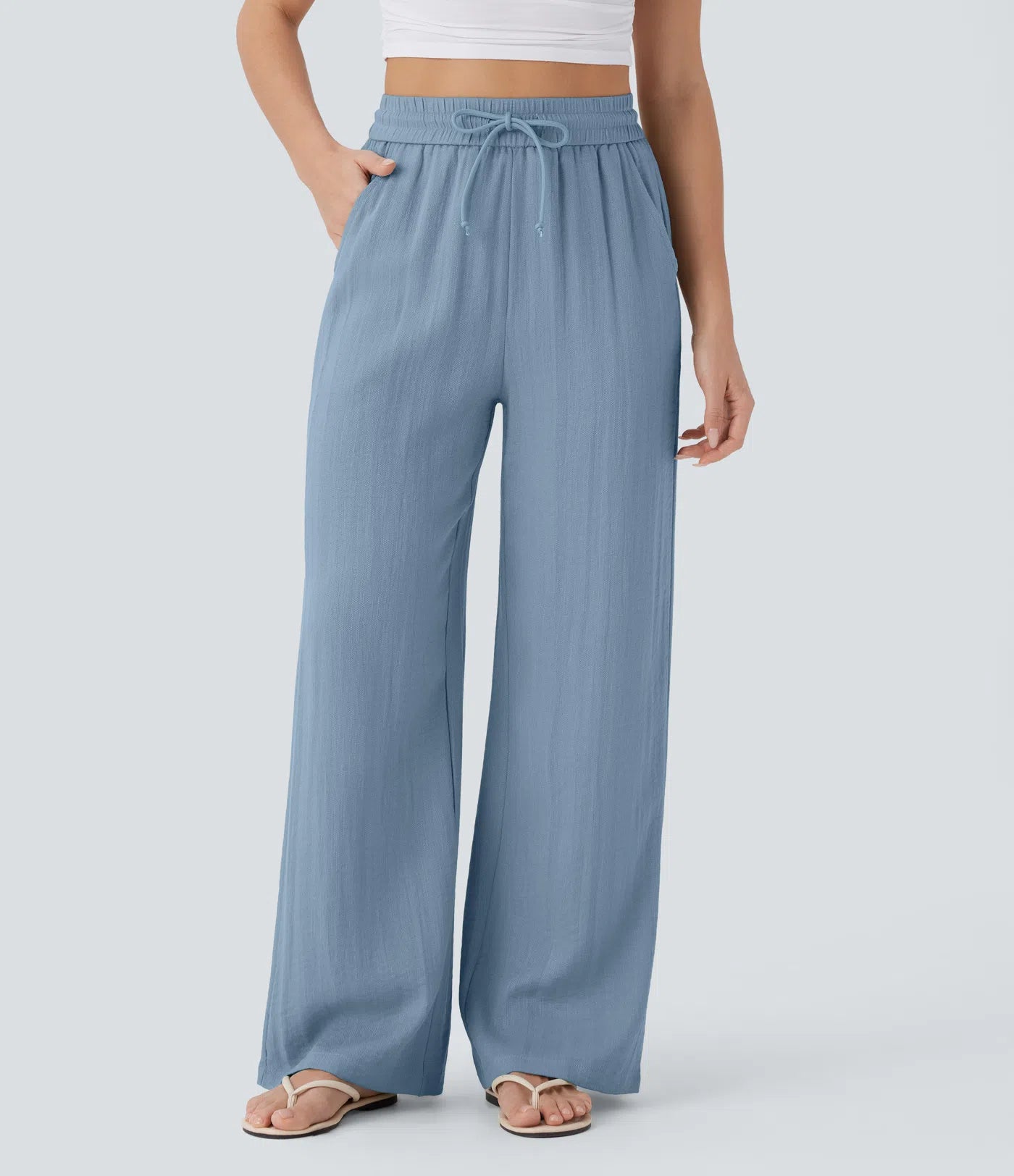 Pantalones Casuales de Cintura Alta con Cordón y Bolsillos, Estilo Lino, Pierna Ancha