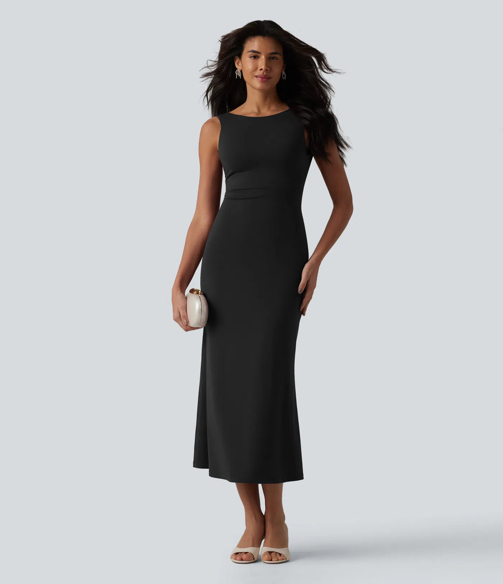 Vestido midi sin mangas con escote barco y sujetador incorporado