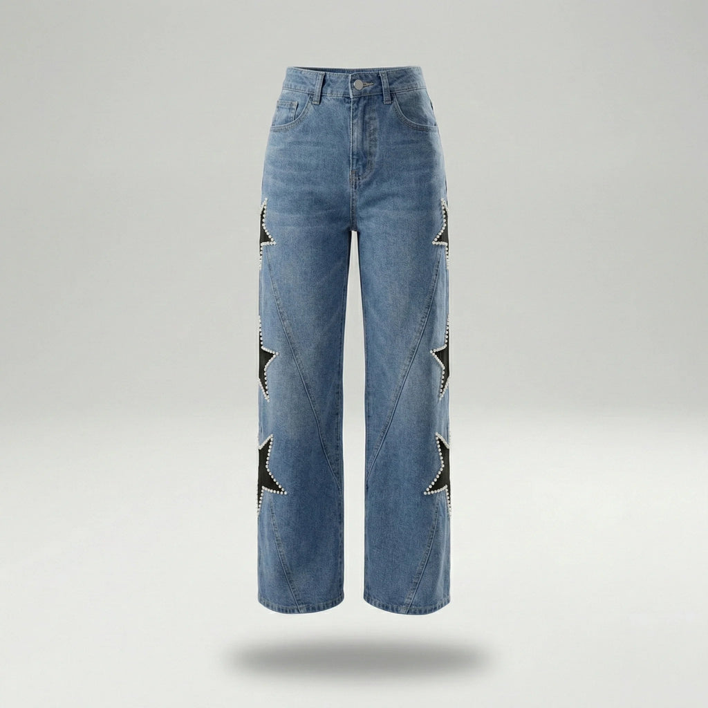 Jeans Wide Leg con Estrellas y Strass