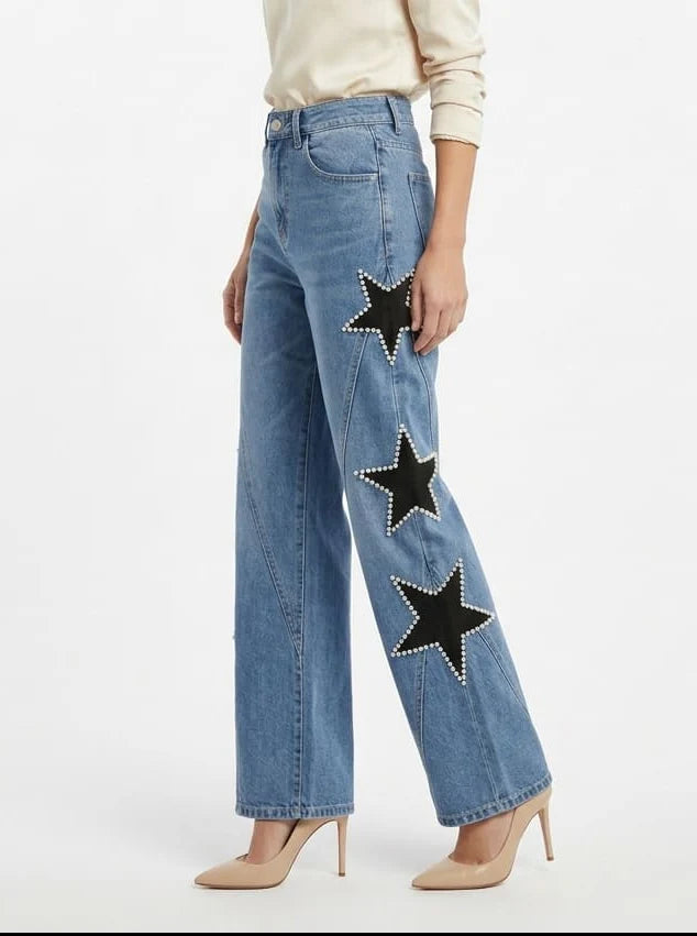 Jeans Wide Leg con Estrellas y Strass