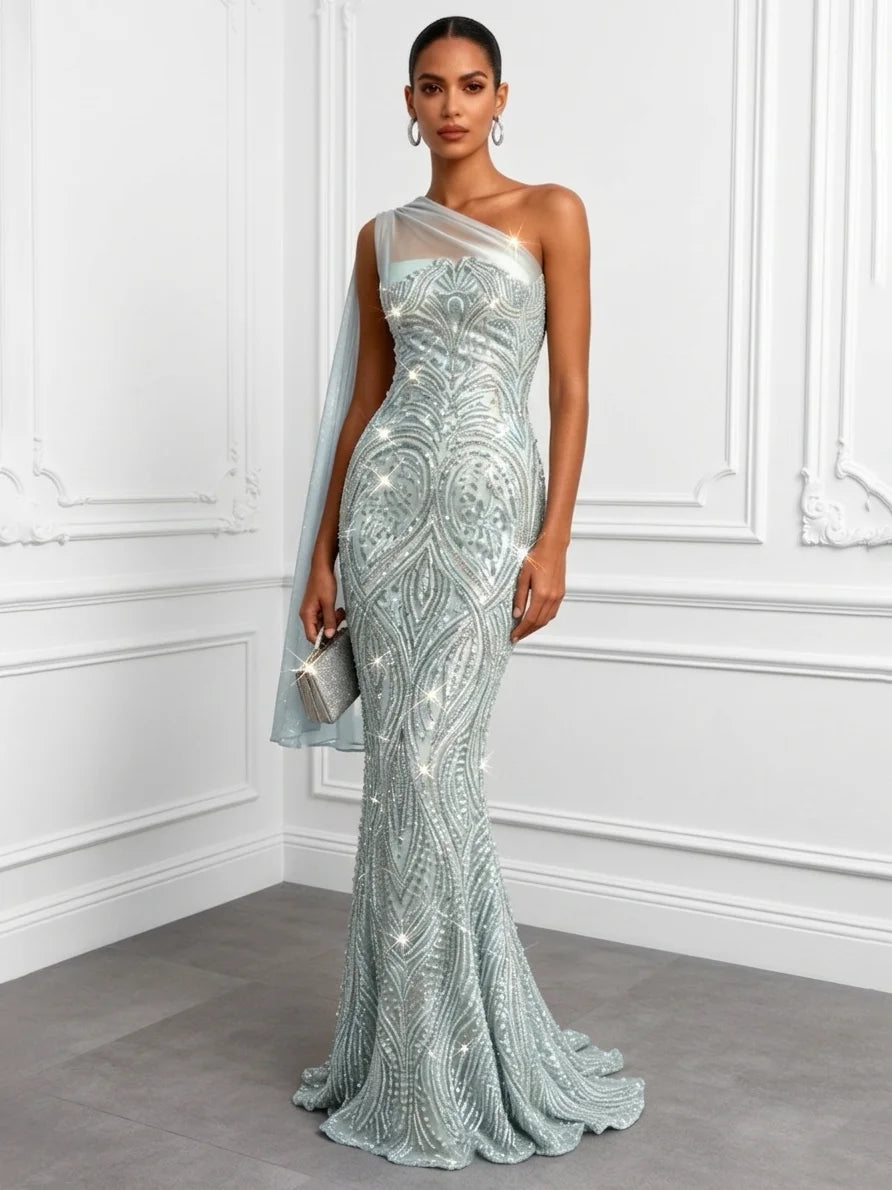 Vestido de Gala Sirena Mint con Lentejuelas