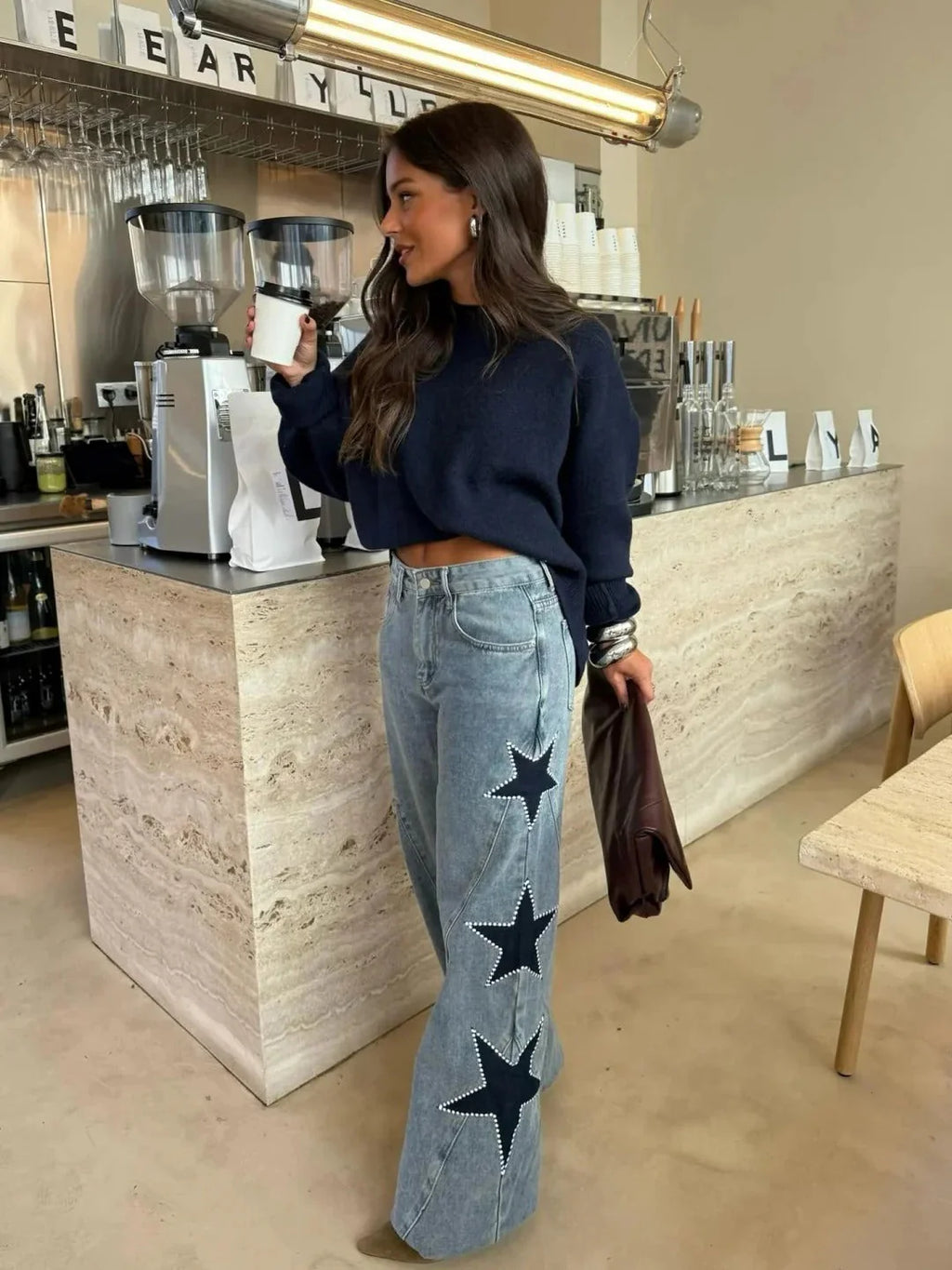 Jeans Wide Leg con Estrellas y Strass